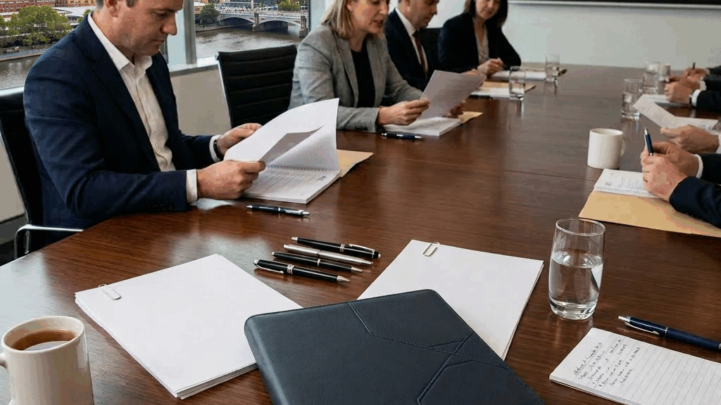 Business people sitting around a conference table reviewing AICD board meeting documents