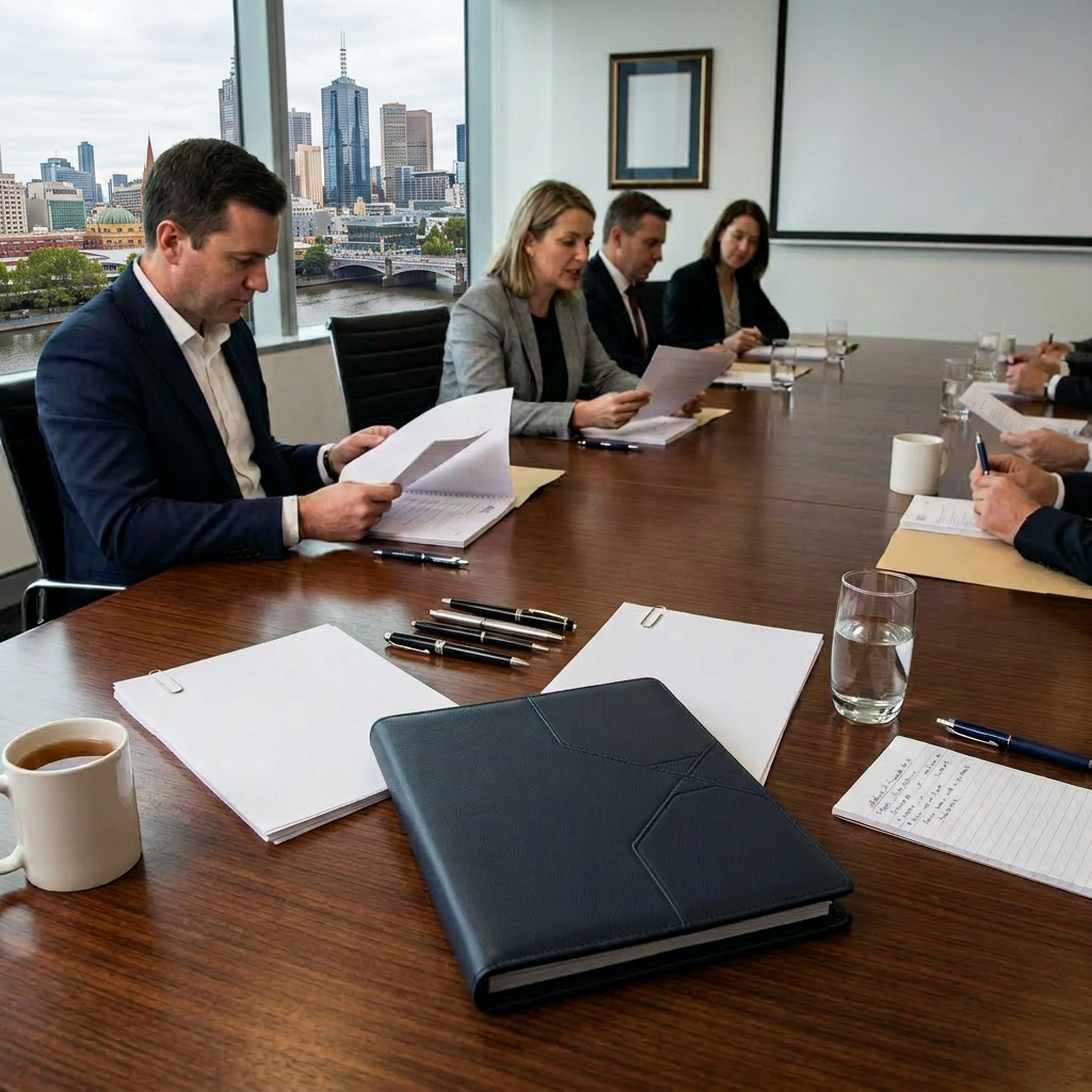Business people sitting around a conference table reviewing AICD board meeting documents